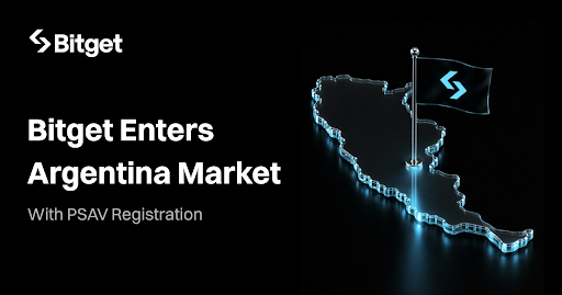 Bitget press image announcing PSAV registration in Argentina — shows the exchange’s market‑entry graphic and illustrates an exchange publicizing its CNV PSAV registration (useful visual of an exchange obtaining PSAV status).