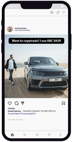VARA guidance figure showing compliant vs non‑compliant influencer/social posts (examples of how sponsorship labels and disclaimers must appear) — useful because it visually demonstrates the prominence and placement VARA requires for paid crypto posts.
