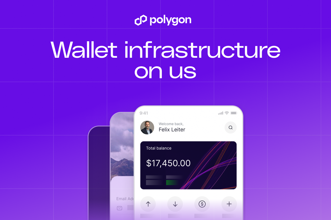 Hero image showing the embedded-wallet UI and the tagline “Wallet infrastructure on us” — illustrates the user-facing wallet UX Polygon is offering free to businesses, reinforcing the product announcement.