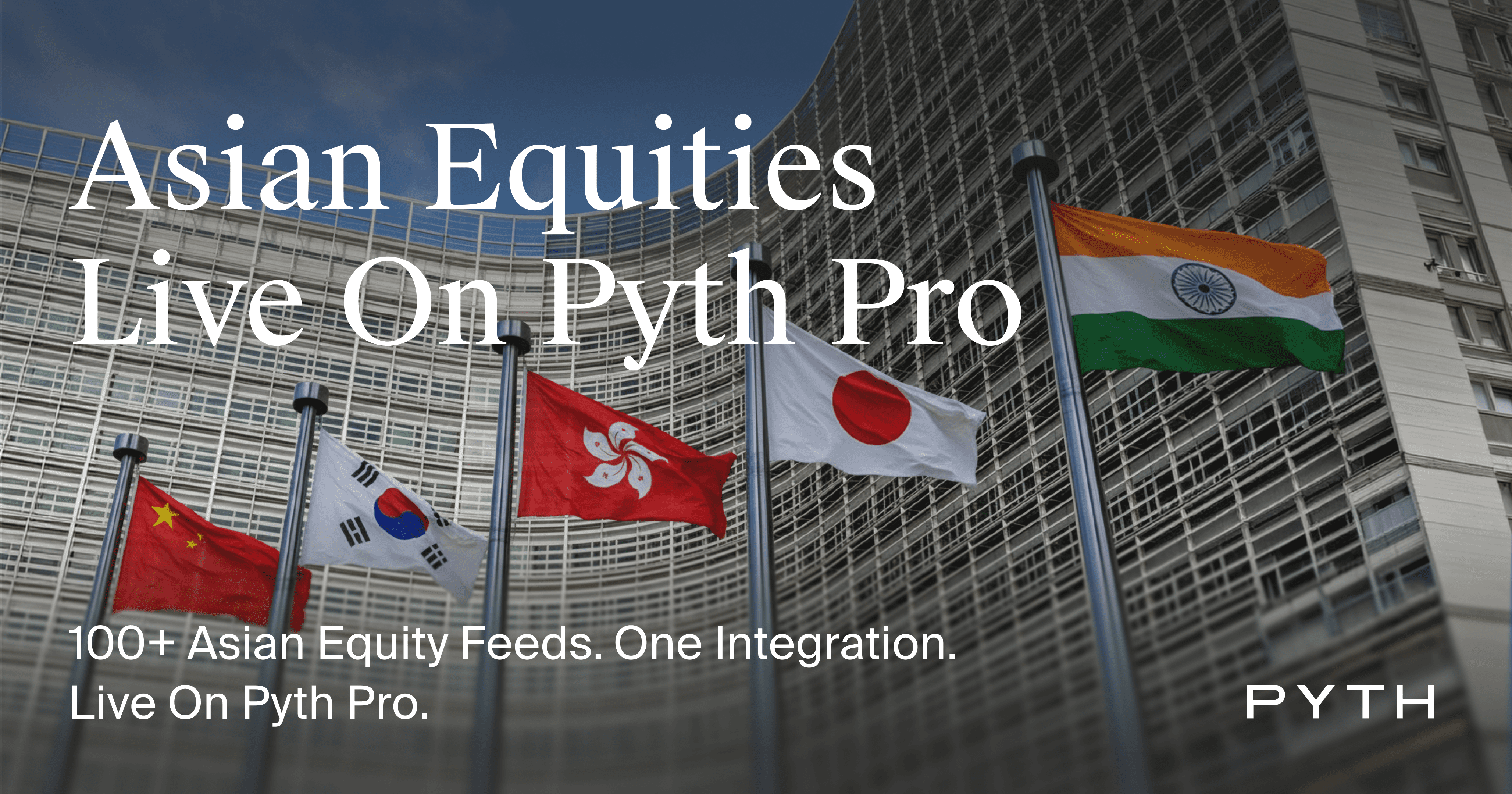 Pyth blog header: “Asian Equities Live On Pyth Pro — 100+ Asian Equity Feeds.” Visual confirmation of Pyth’s claim that 100+ Asian equity feeds are live on Pyth Pro (useful as a quick visual to show regional coverage and product packaging).