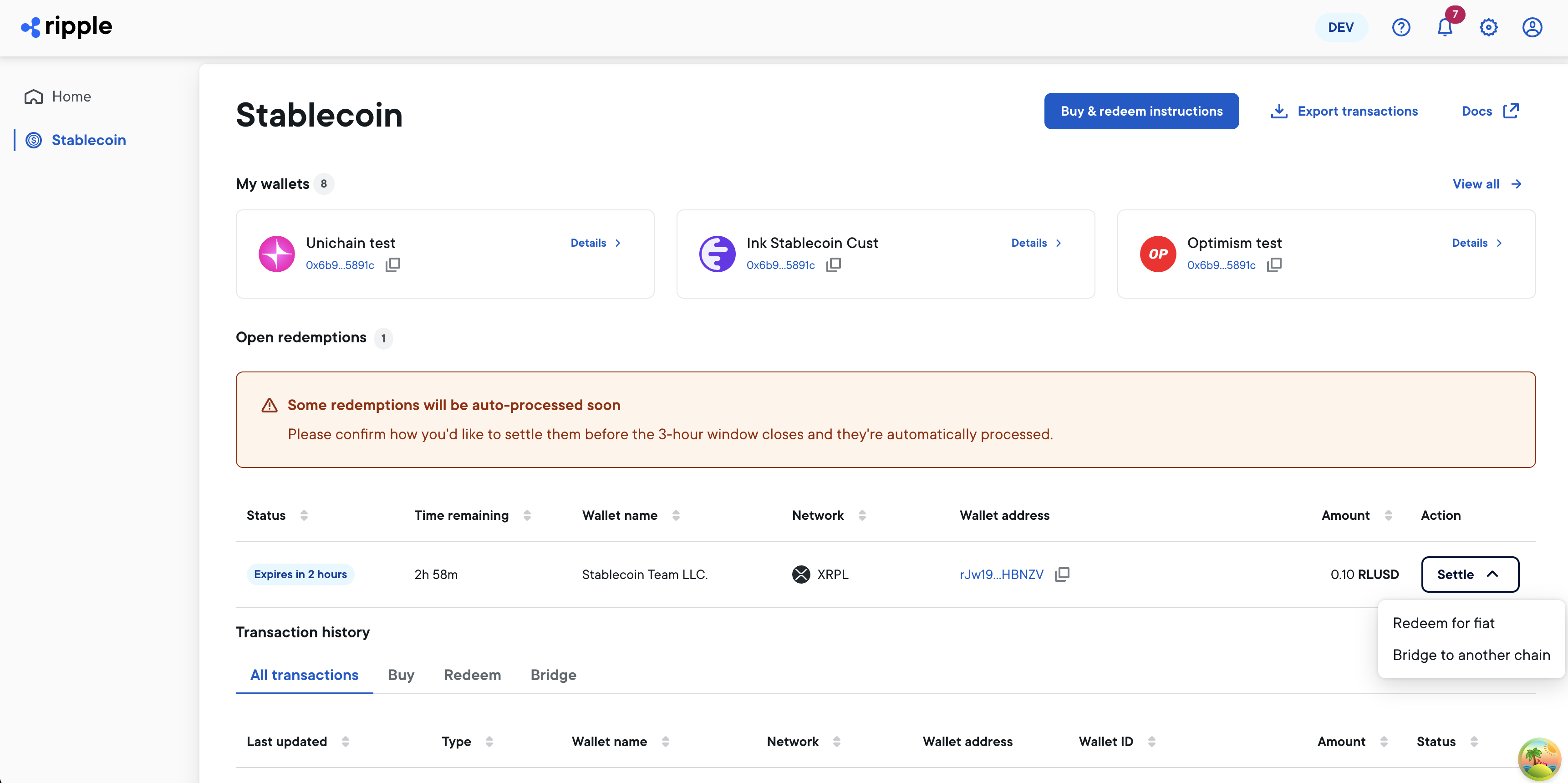 Screenshot of the Ripple Mint Stablecoin dashboard showing an open redemption in 'Pending' with a 3-hour countdown and a 'Settle' menu (Redeem for fiat / Bridge to another chain) &mdash; illustrates the flexible redemption workflow institutions use to decide fiat payout versus on-chain bridging.