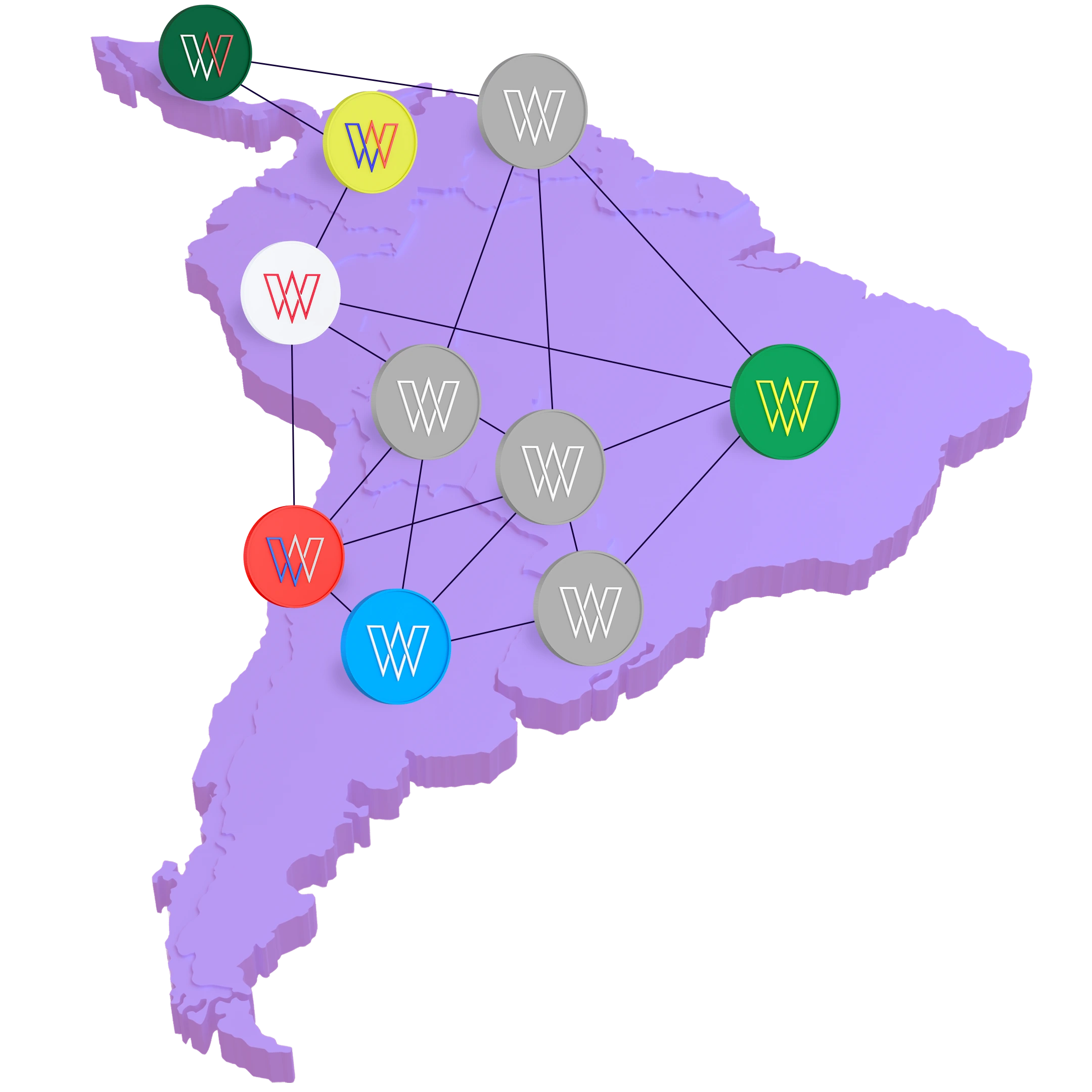Map/graphic from Ripio’s wFIAT page showing the six supported Latin American currencies and the EVM chains (including Celo) where those stablecoins are deployed — useful to confirm which countries and chains are supported.